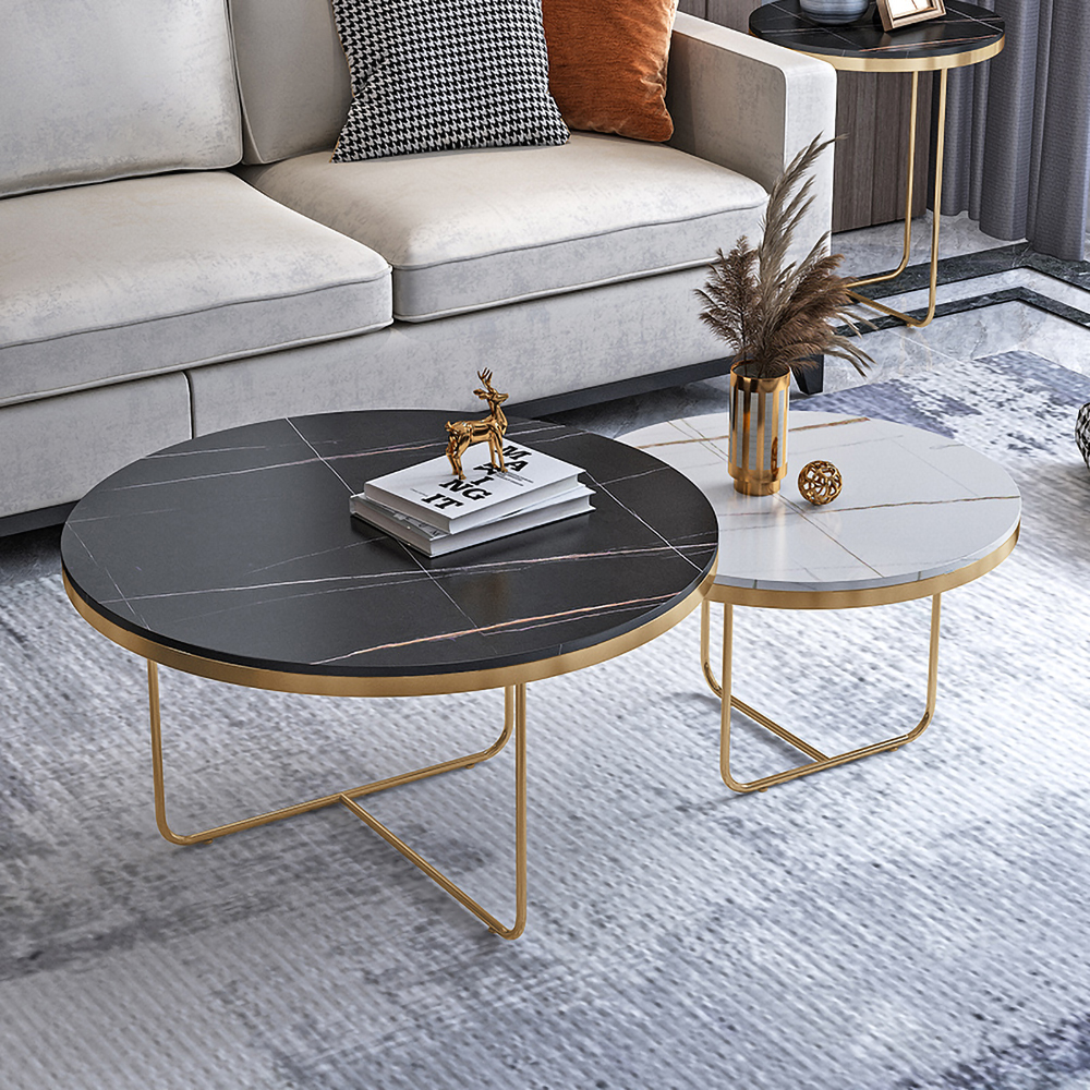 Modern Round Coffee Table Set 2-Piece Black and White Stone Top Gold Base