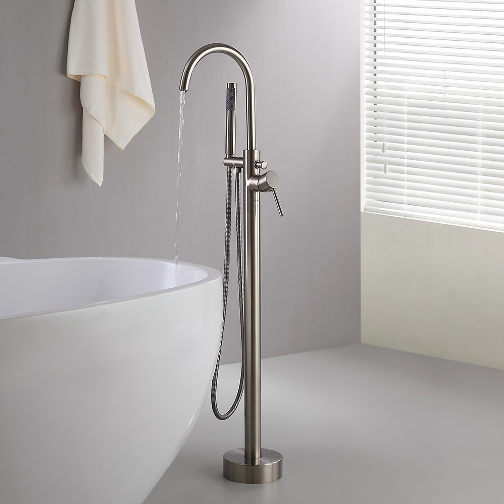 Image of Brewst Brass Freestanding Bathtub Faucet Floor Mount with Handshower in Brushed Nickel