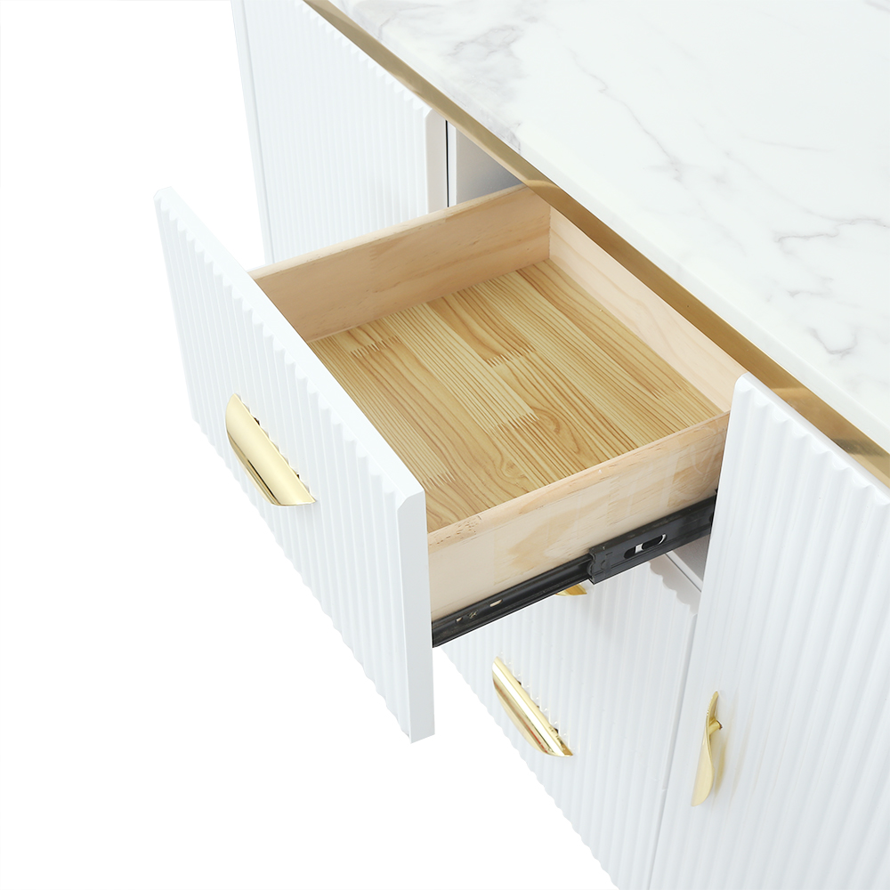 1200 mm Modernes Sideboard in Weiß mit 3 Schubladen und 2 Türen und Tischplatte aus Kunstmarmor in klein