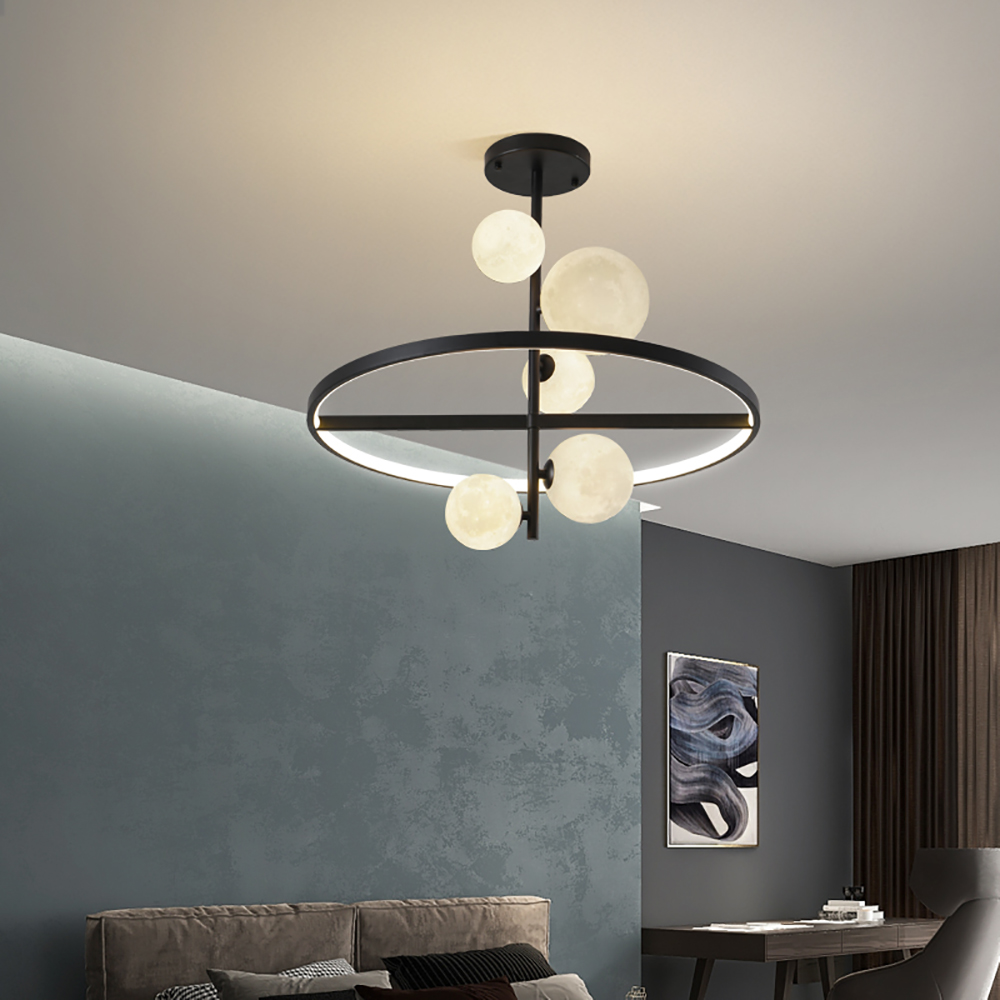6-Light Chandelier Metal LED Ceiling Light with White Moon Shade