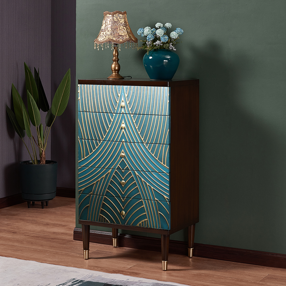 Novel Blue Cabinet Gold-Painted 5-Drawer Chest in Large