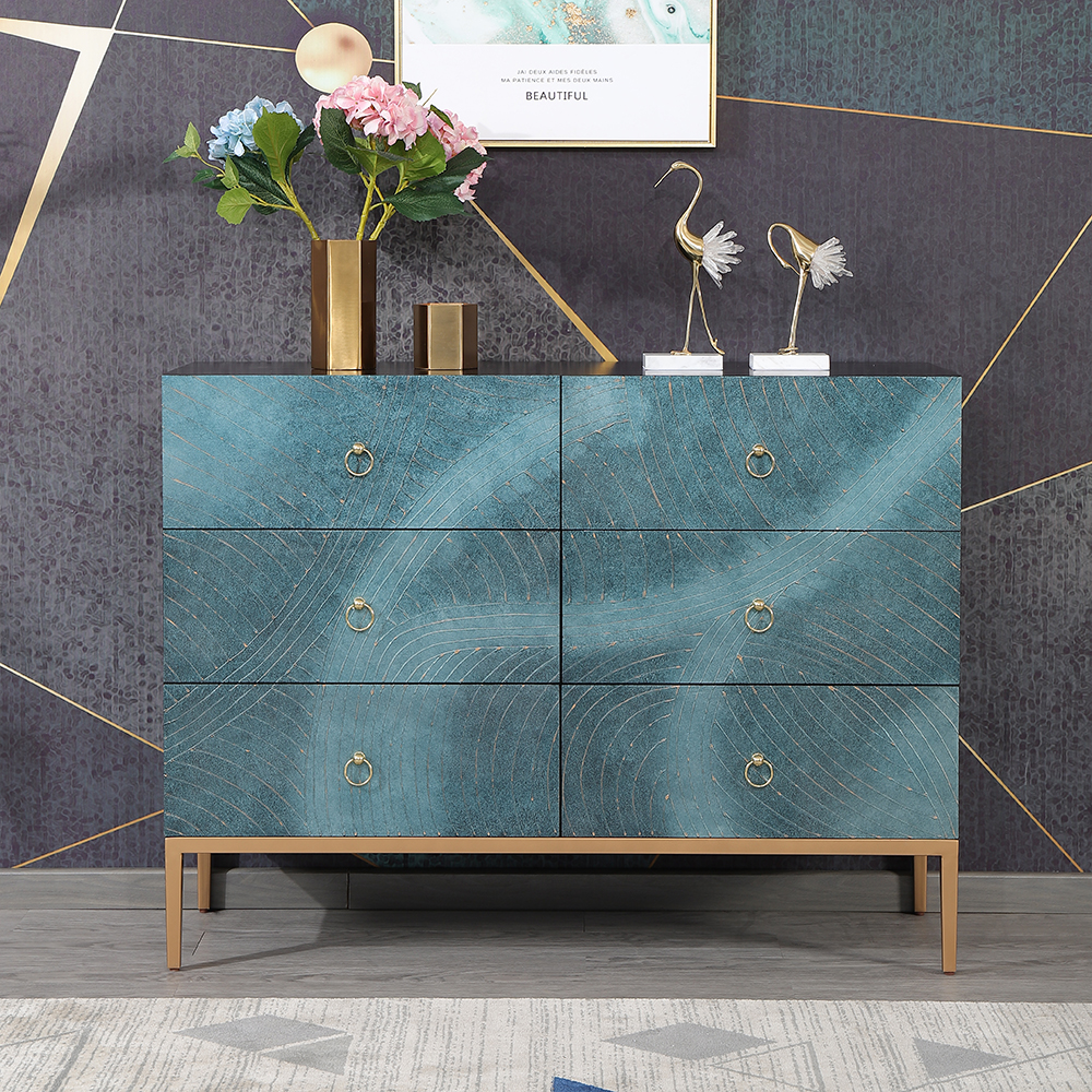 1200mm Blue-Green Dresser Artistic 6-Drawer Bedroom Cabinet in Gold