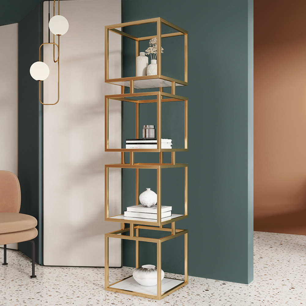 4-Tier Modern Simple Gold Cube Bookcase with Metal Tower Display Tall Shelf