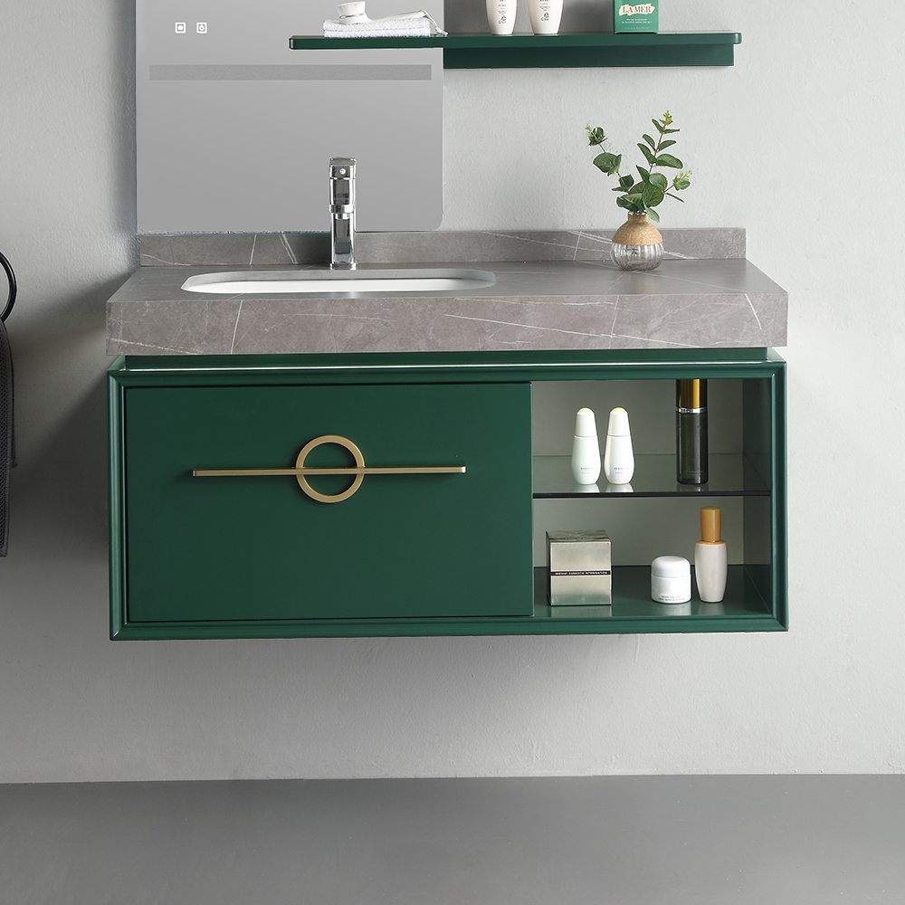 

Green Floating Bathroom Vanity Stone Top Ceramics Undermount 1 Drawer & Shelf