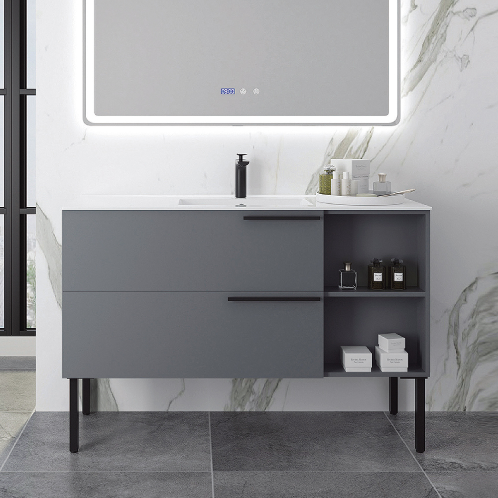 

Free-Standing Gray Bathroom Vanity Ceramics Top Integral Sink 2 Drawers & Shelves