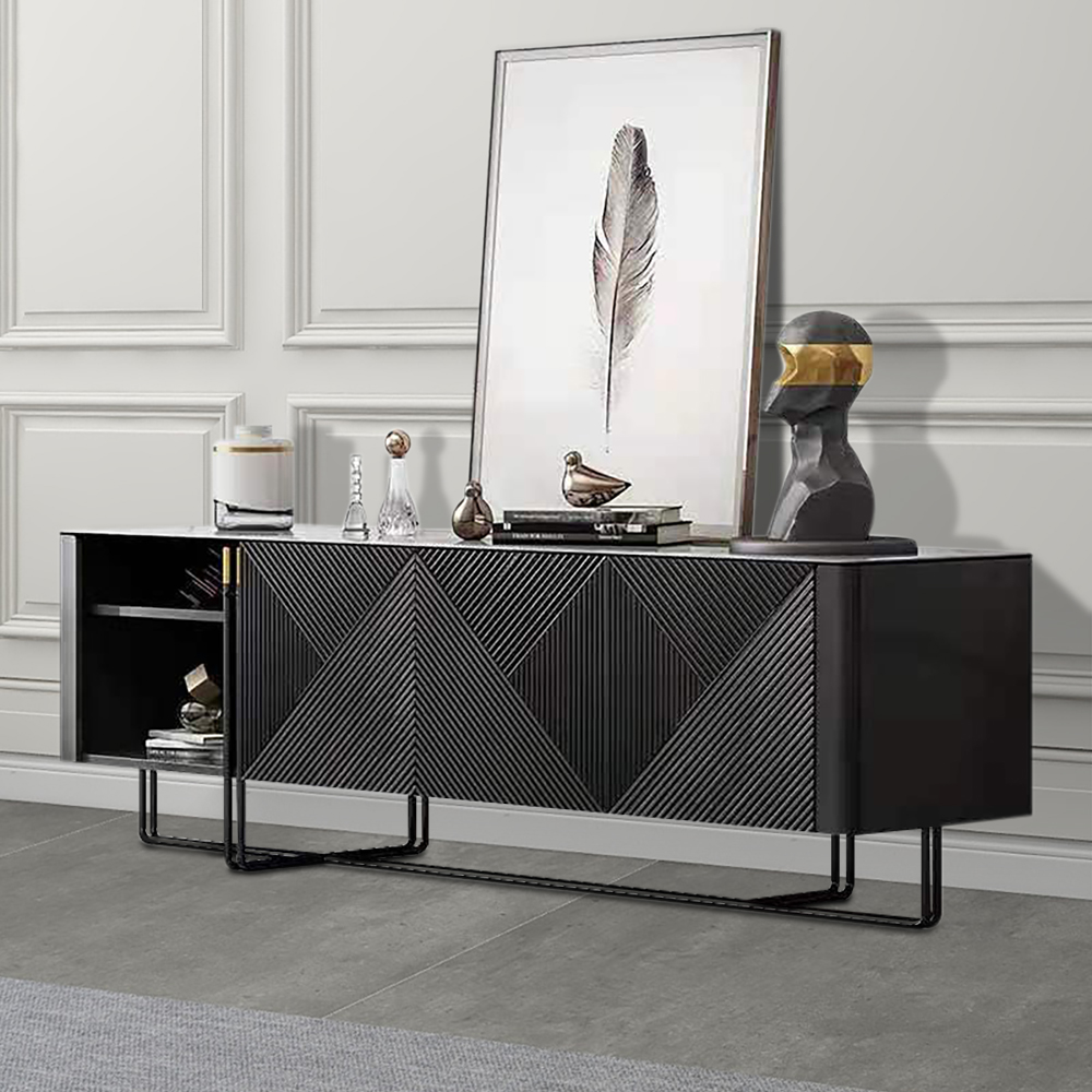 

78.7" Italian Black TV Stand Stone Top Rectangular Media Console