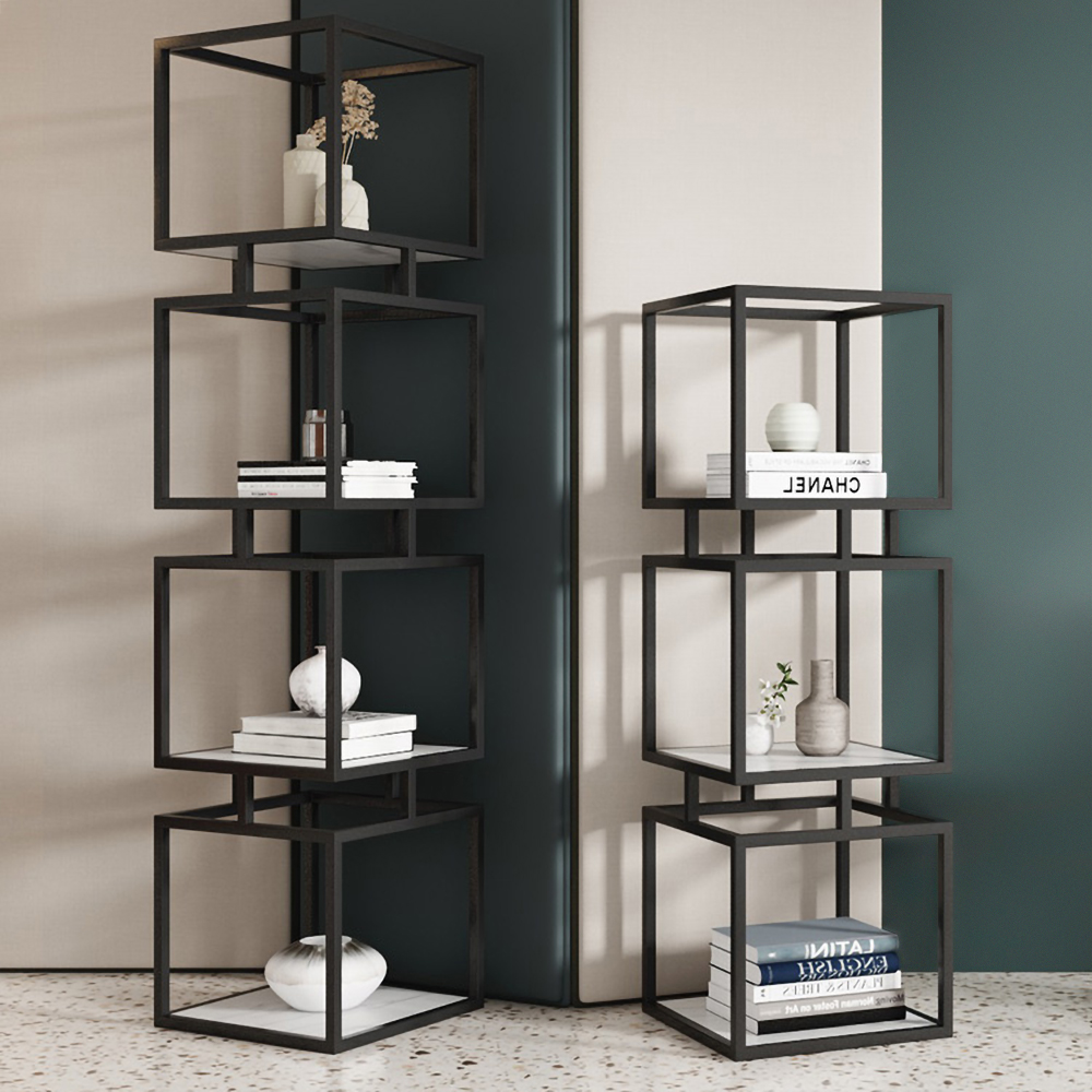 4-Tier Modern Black Cube Bookcase with Metal Tower Display Tall Shelf