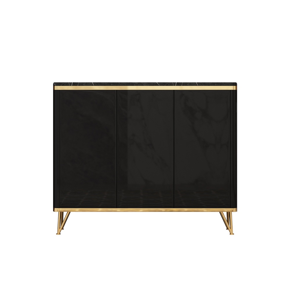 Modern Black 3 Doors Shoes Storage Cabinet with 8 Shelves 20 Pairs in Gold
