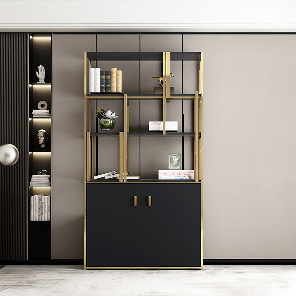 78" 5-Tier Black & Gold Bookshelf with 2 Doors Storage Cabinet 