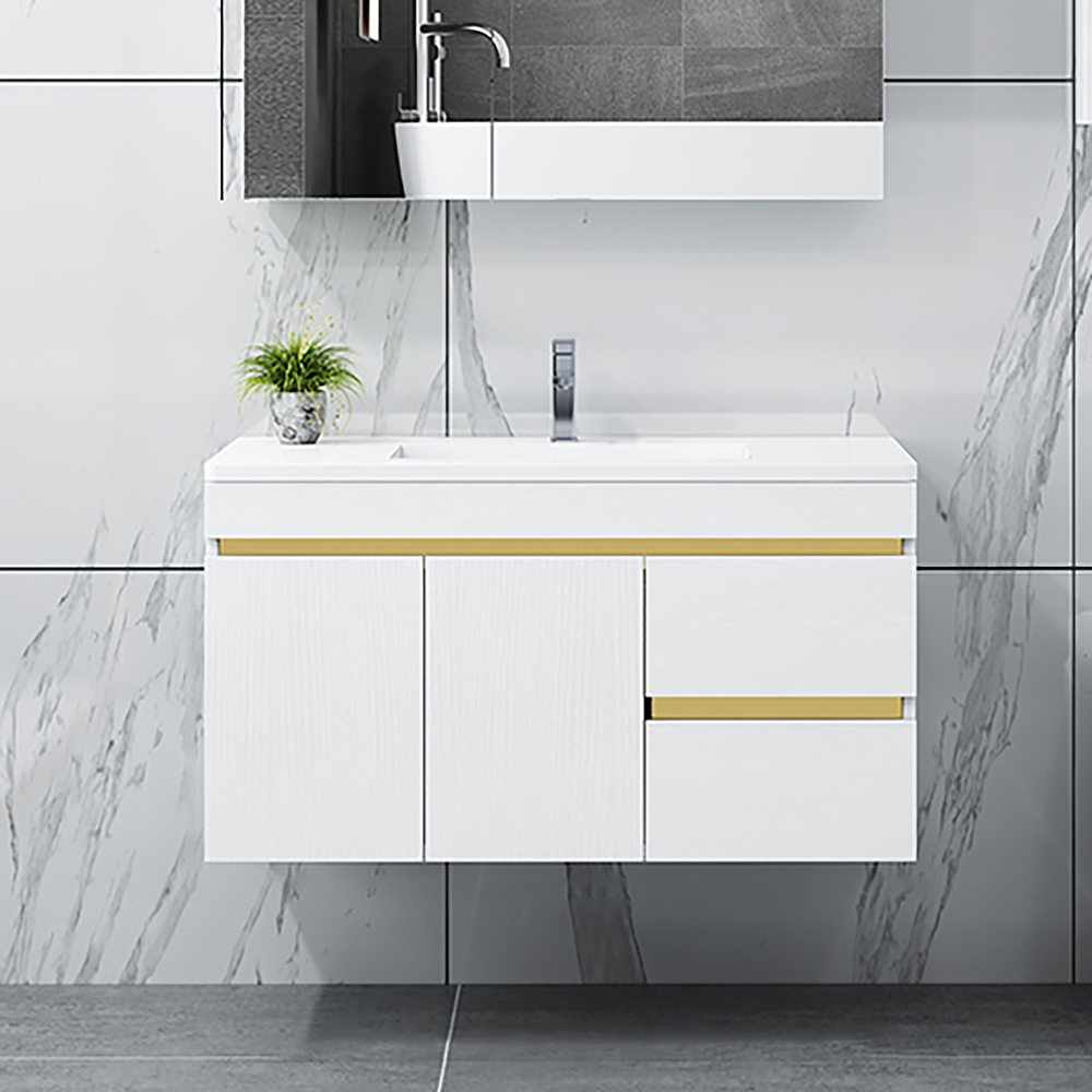 

36" White Floating Bathroom Vanity White Stone Top Ceramics Undermount with Storage