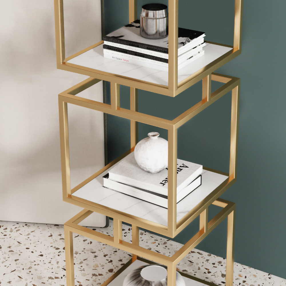 3-Tier Modern Gold Cube Bookcase with Metal Tower Display Shelf