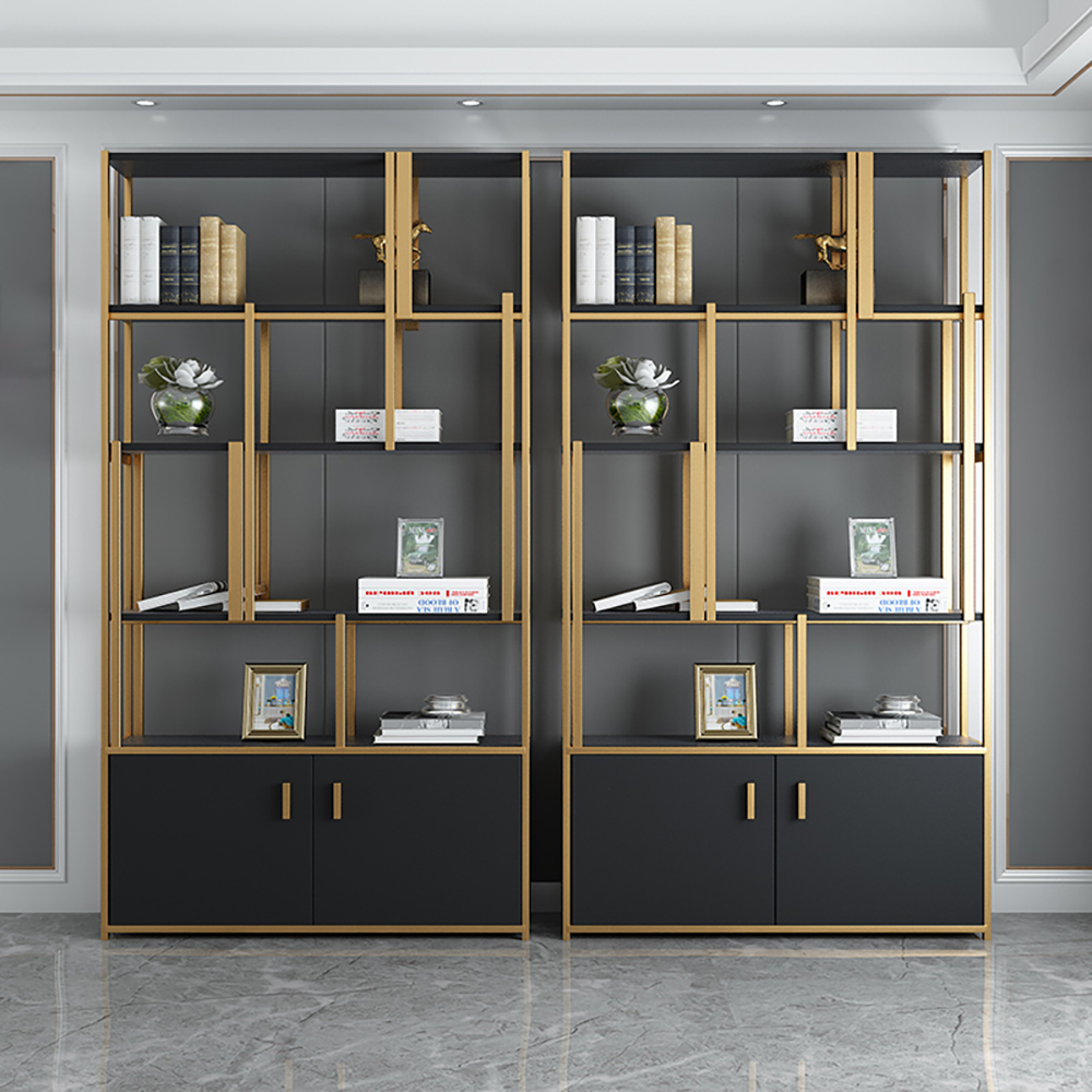 78.7" Luxury Standing Standard Bookshelf with Doors in Black & Gold