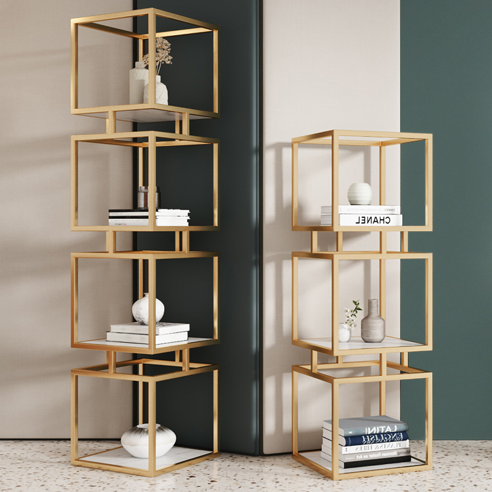 3-stöckiges modernes goldenes Würfel-Bücherregal mit Metallturm-