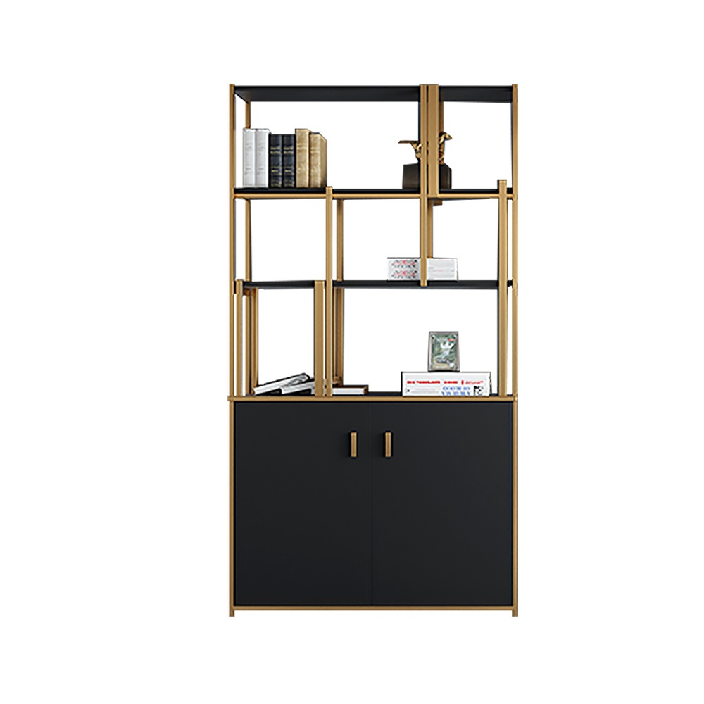 78" 5-Tier Black & Gold Bookshelf with 2 Doors Storage Cabinet 