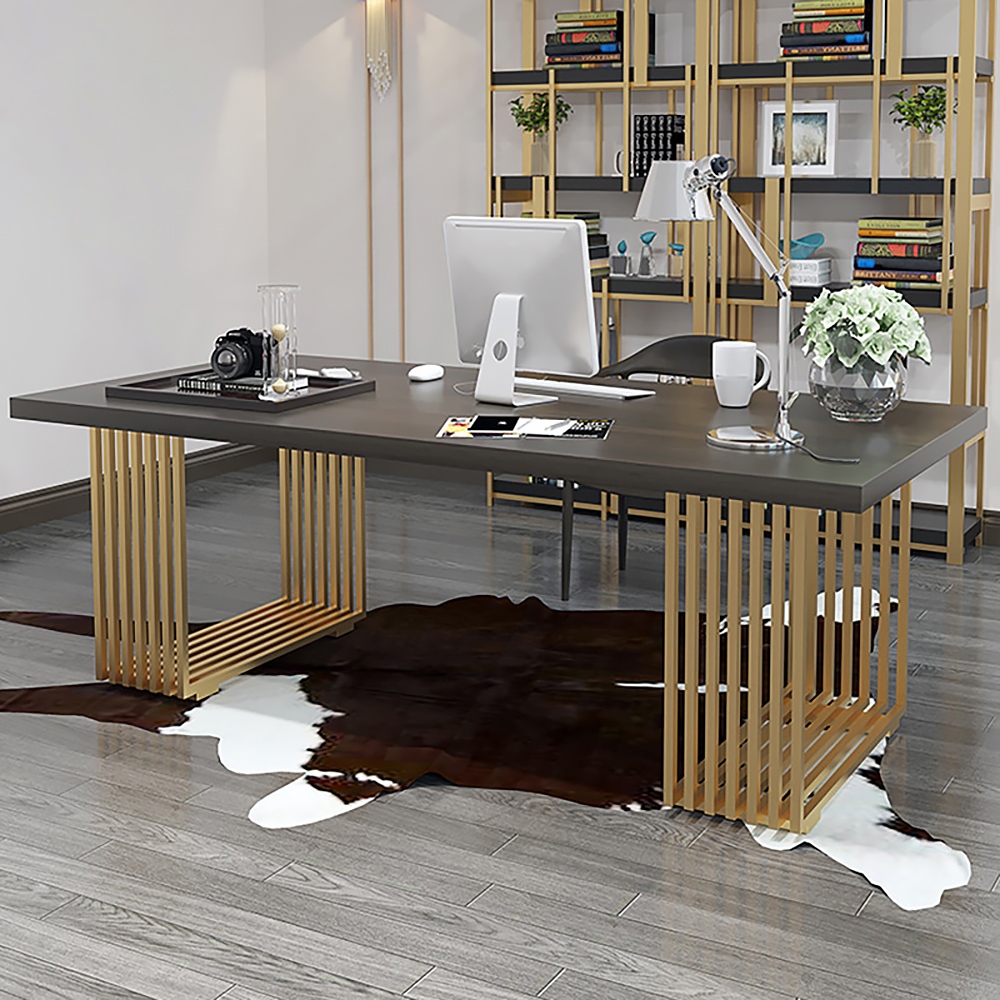 1400 mm rechteckiger moderner Home-Office-Schreibtisch mit Massivholz-Tischplatte und goldenem Rahmen