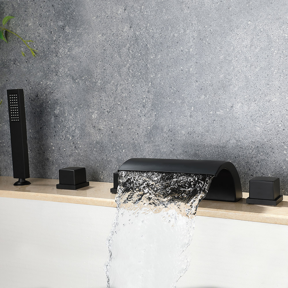 Waterfall Deck Mounted 5-Hole Bath Filler Tap with Handheld Shower in Matte Black