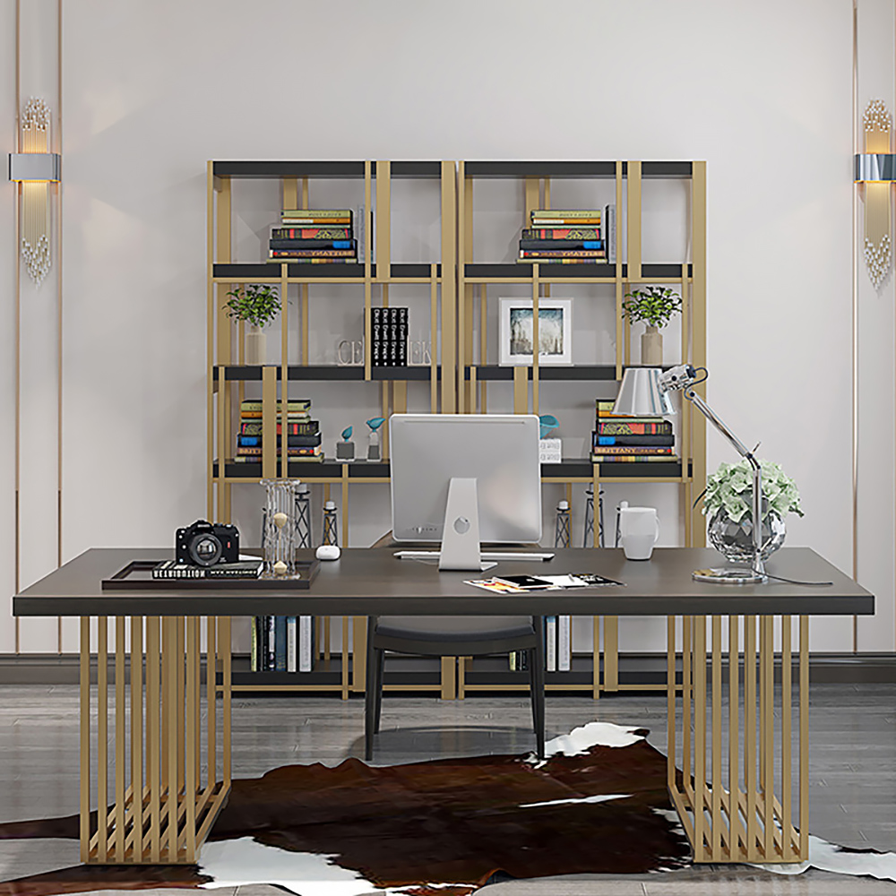 1400mm Rectangular Modern Home Office Desk with Solid Wood Table Top & Gold Frame