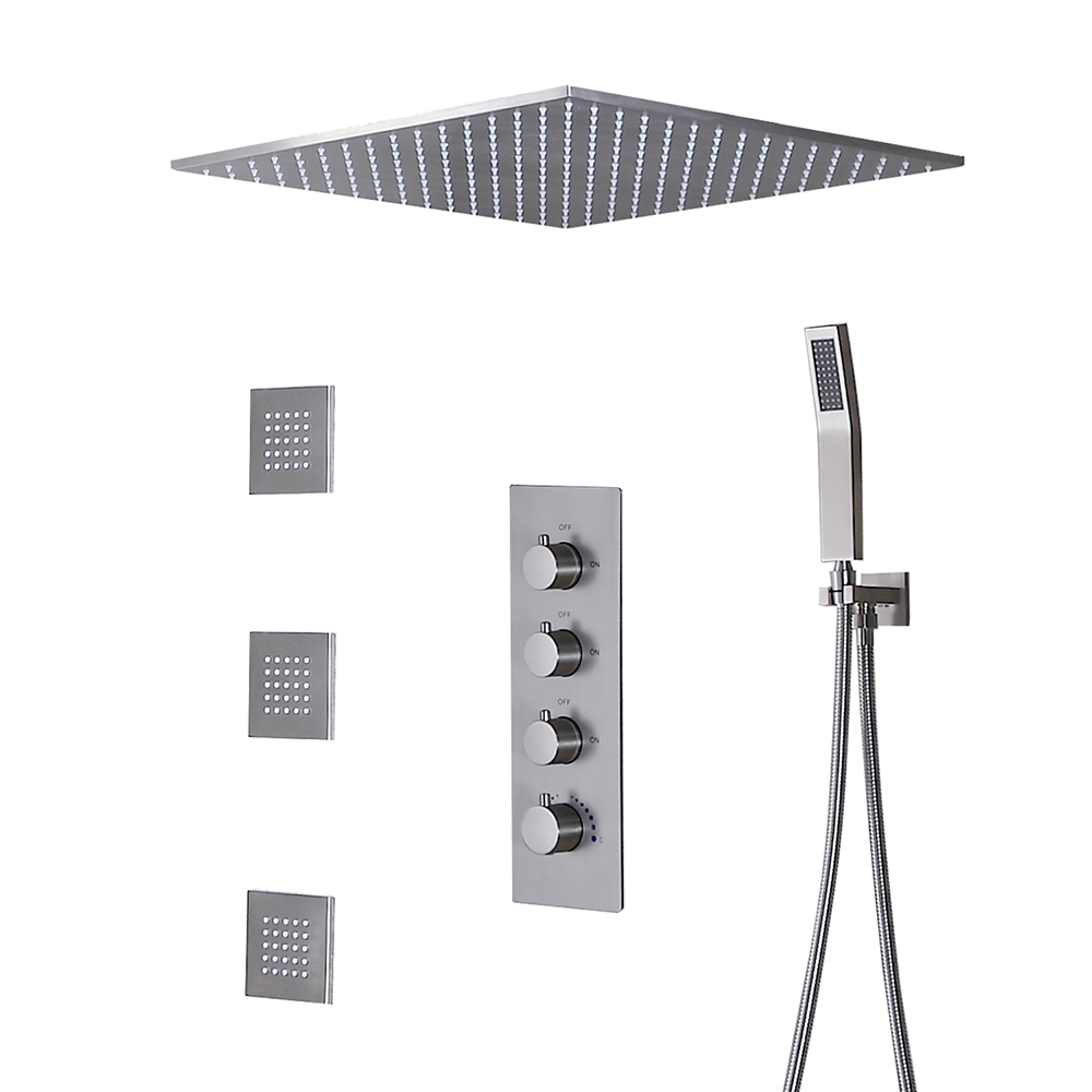 Modern Rain Thermostatic Brushed Nickel Shower Faucet Flush Mount Shower System with Hand Shower & Body Jets Solid Brass