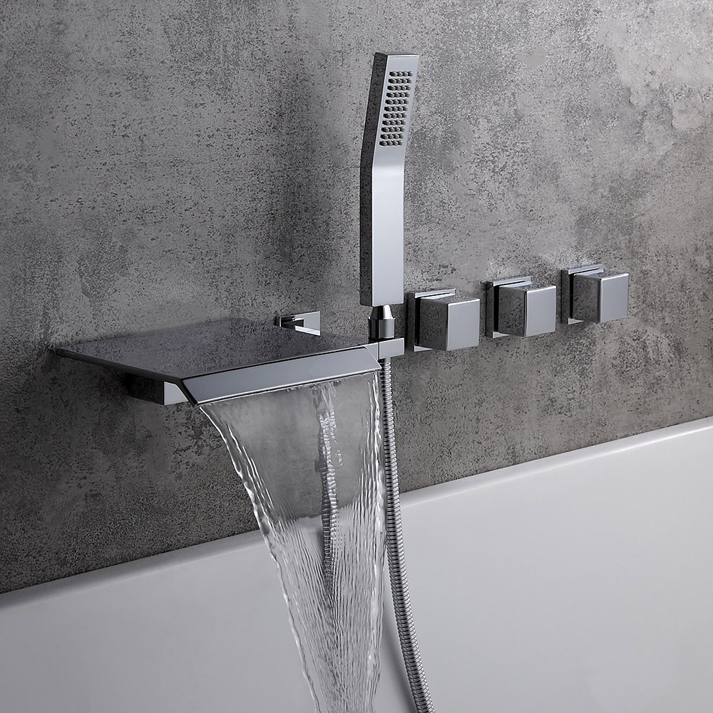 Moda Polished Chrome Wall-Mounted Waterfall Bathtub Faucet with Hand Shower Solid Brass