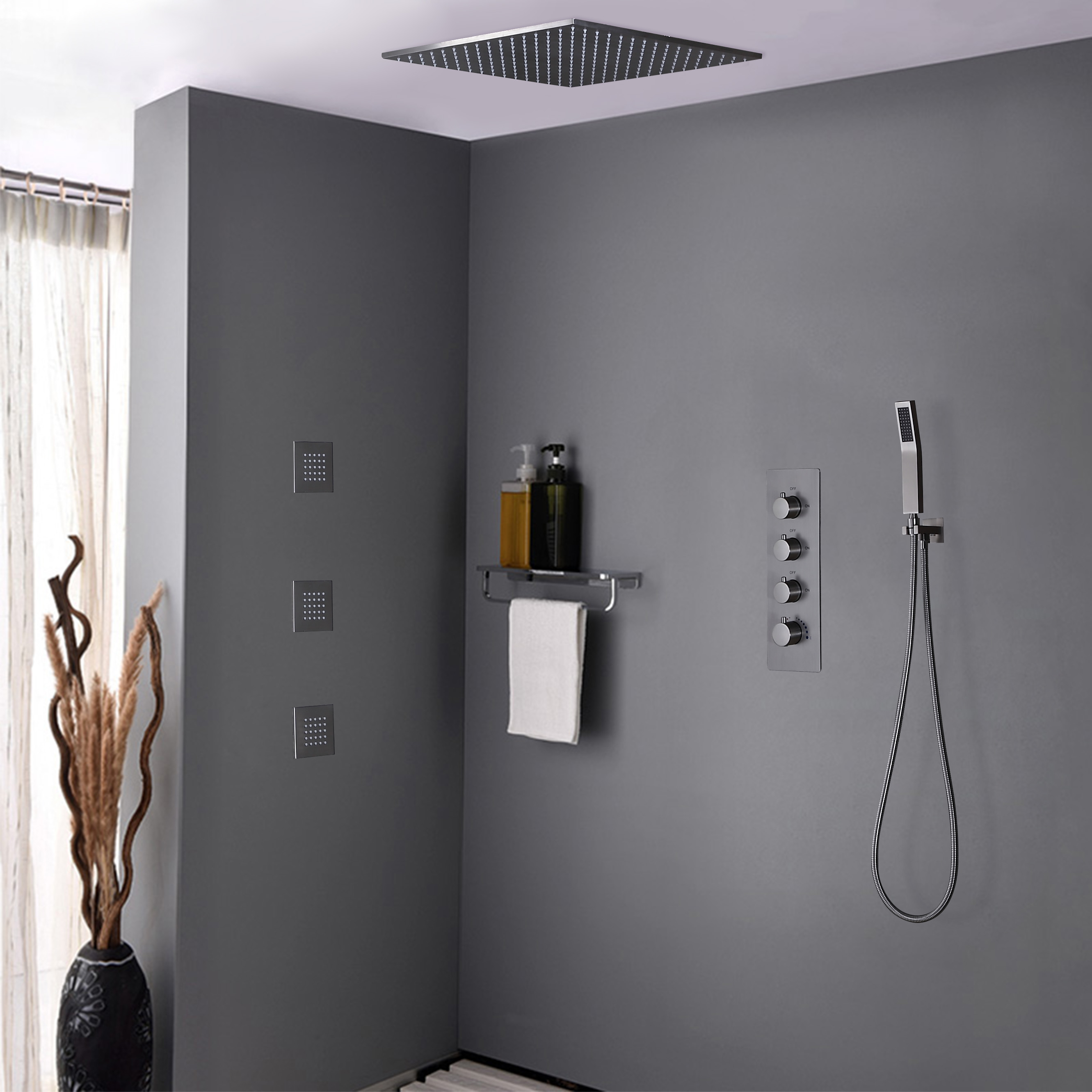 Modern Rain Thermostatic Brushed Nickel Shower Faucet Flush Mount Shower System with Hand Shower & Body Jets Solid Brass