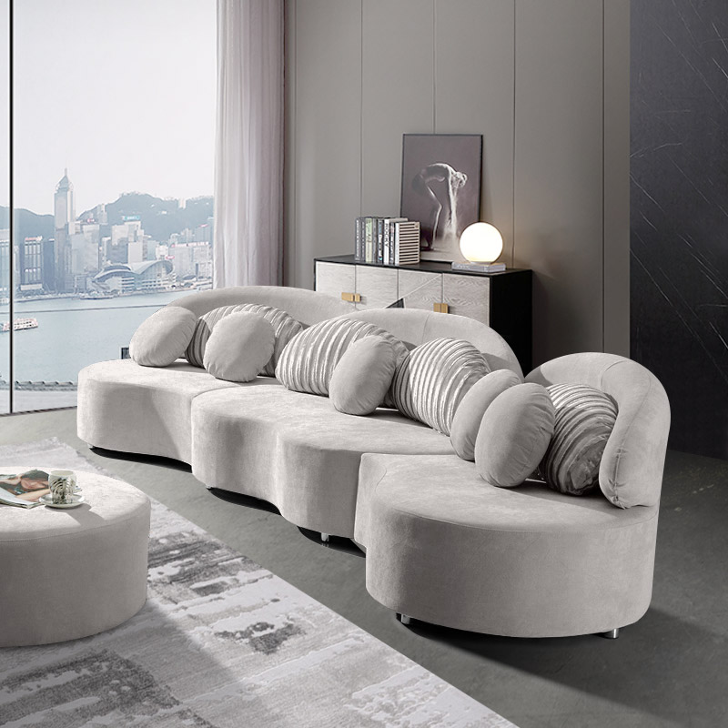 Curved Sectional Sofa Light Grey Velvet Upholstered 7 Seater Floor Sofa with Ottoman