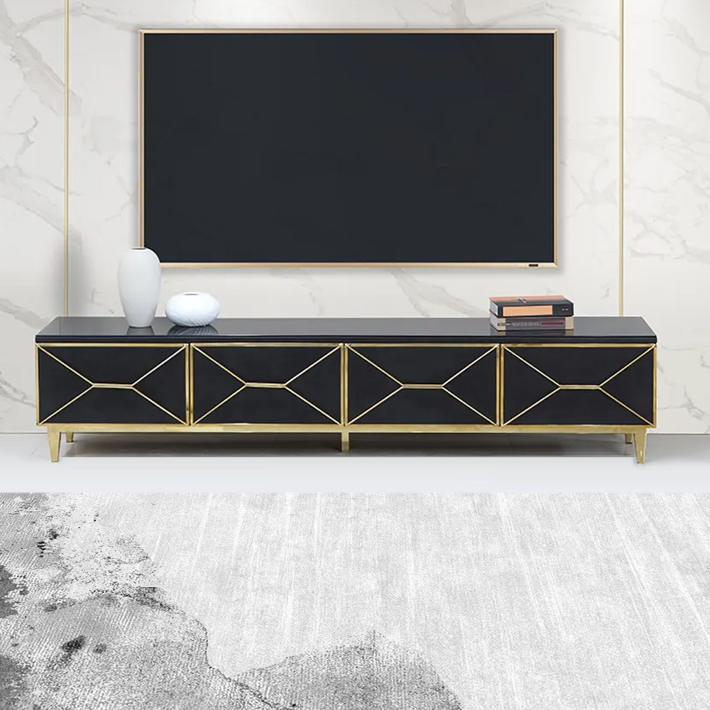 

78" Modern Black TV Stand Glass Top Media Console with 4 Drawers in Gold