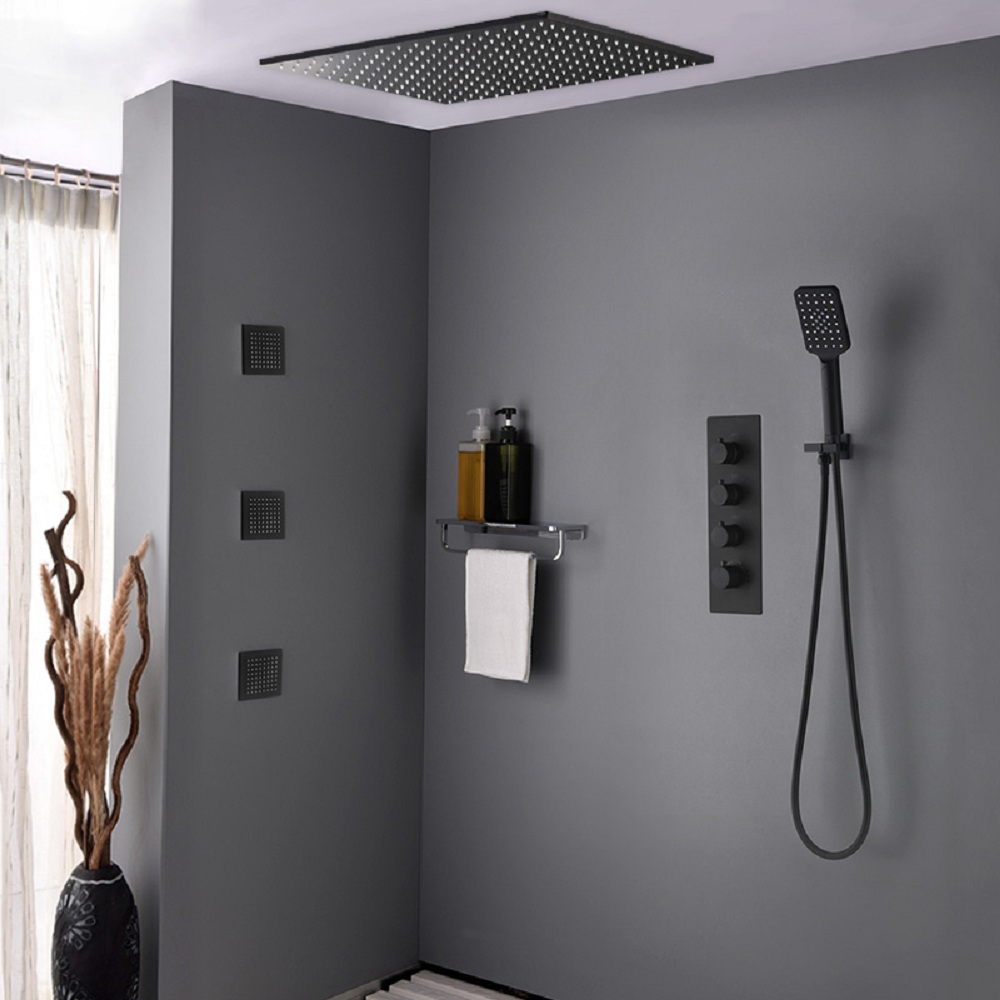16'' Thermostatic Black Shower System with Hand Shower and 3 Body Jets