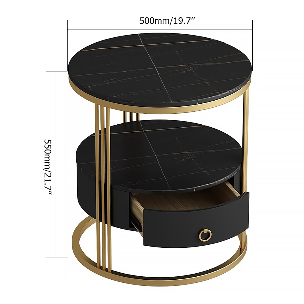 Modern Black Round Nightstand with Marble-Top & Drawer & Shelf in Gold Base