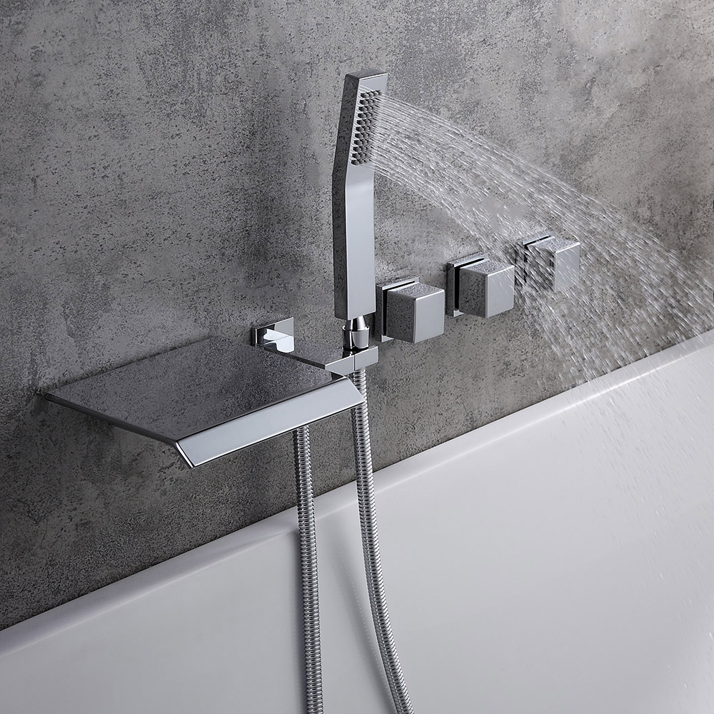 Moda Polished Chrome Wall-Mounted Waterfall Bathtub Faucet with Hand Shower Solid Brass