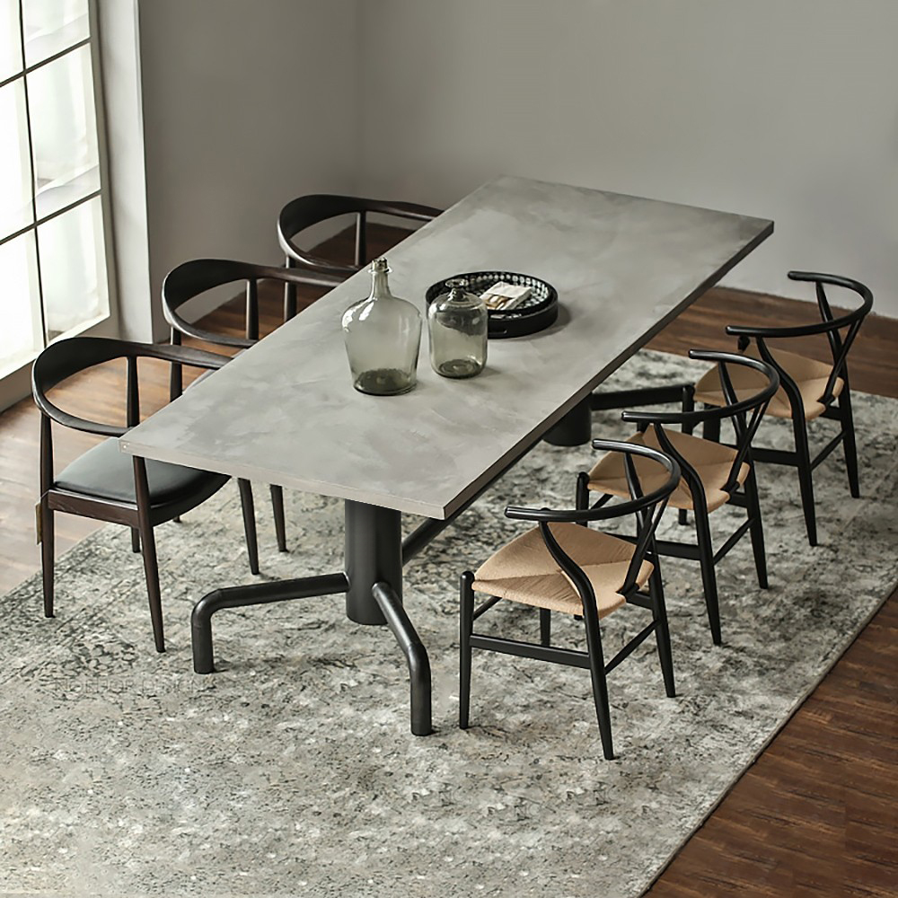1600mm Industrial Dining Table Concrete Grey Table Top Solid Wood Metal Base