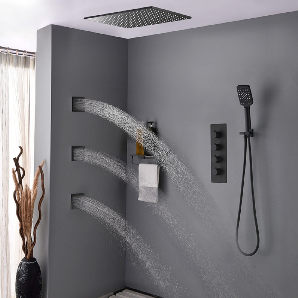 20'' Thermostatic Black Shower System with Hand Shower and 3 Body Jets