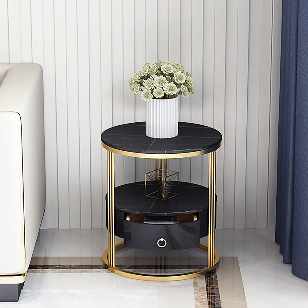 Modern Black Round Nightstand with Marble-Top & Drawer & Shelf in Gold Base