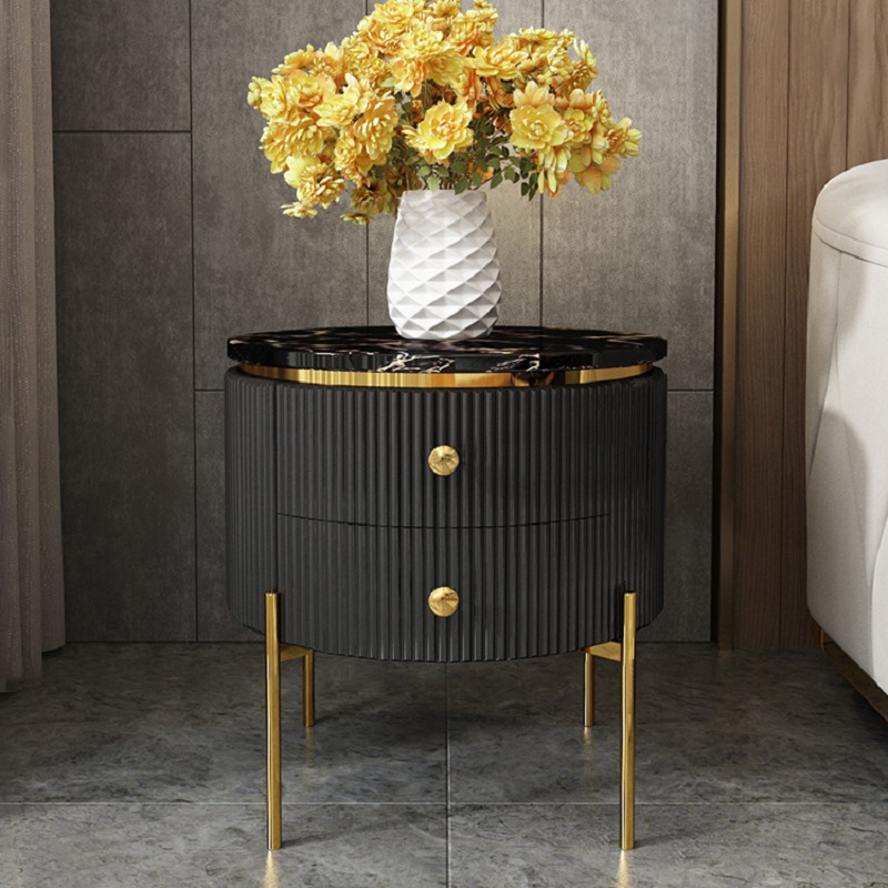 Yelly Modern Round End Table With Storage Black Faux Marble Side Table Gold Legs