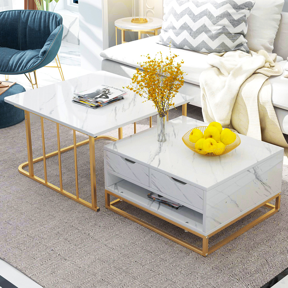 

Modern Nesting Coffee Table Set of 2 in White with Drawers & Shelves