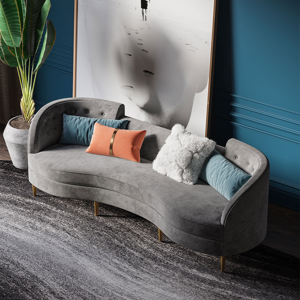 Modern 2600mm Grey Velvet Upholstered 4-Seater Sofa with Gold Legs & Solid Wood Frame