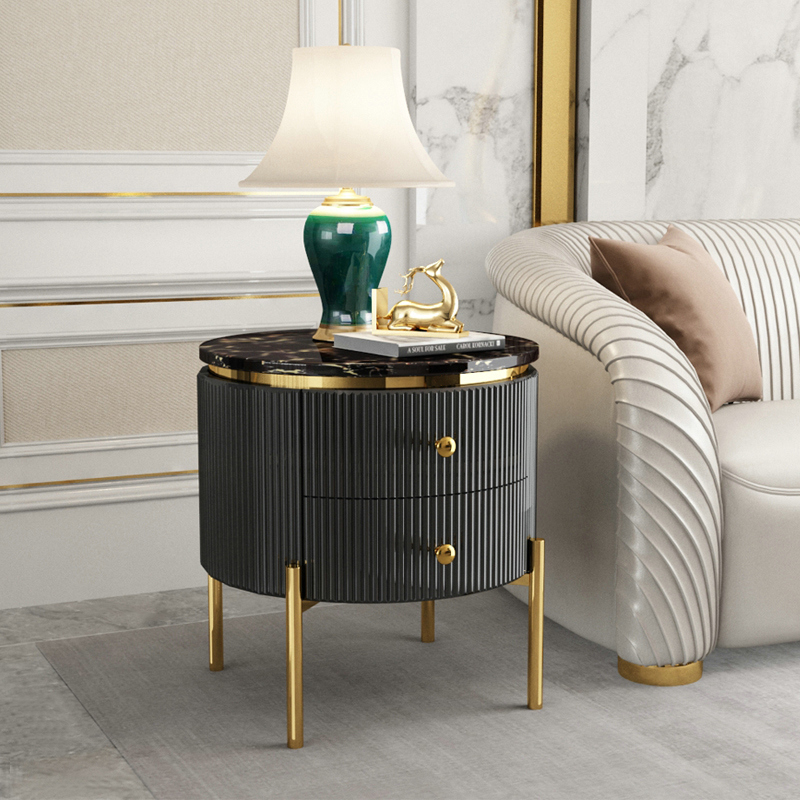 Yelly Modern Round End Table With Storage Black Faux Marble Side Table Gold Legs