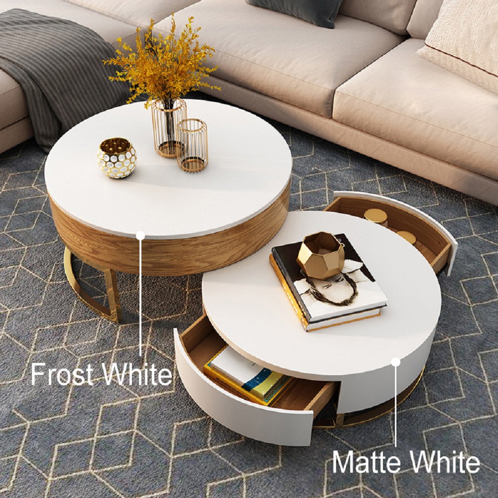 Moderna mesa de centro redonda de madera anidable con almacenamiento en blanco y natural