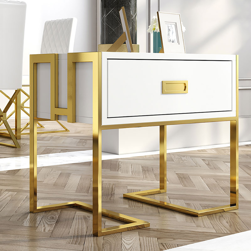 

Modern White Wooden End Table with 1 Drawer & Golden Double Pedestal