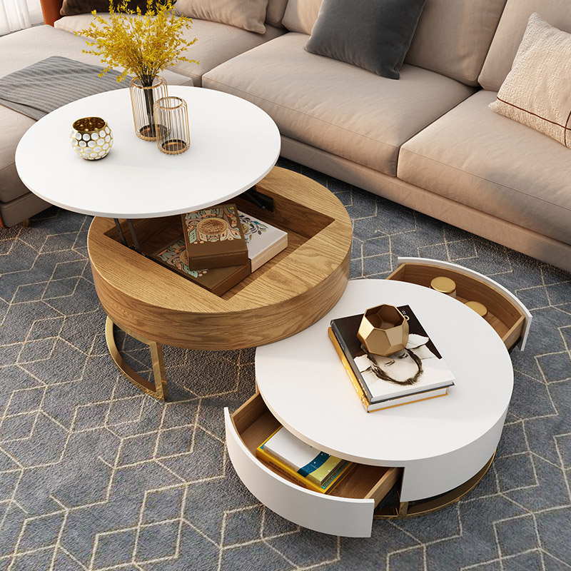 Moderna mesa de centro redonda de madera anidable con almacenamiento en blanco y natural