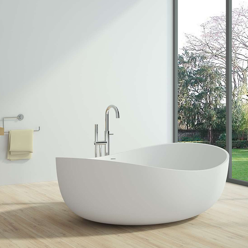 70" Contemporary Oval Freestanding Stone Resin Soaking Bathtub In Glossy White