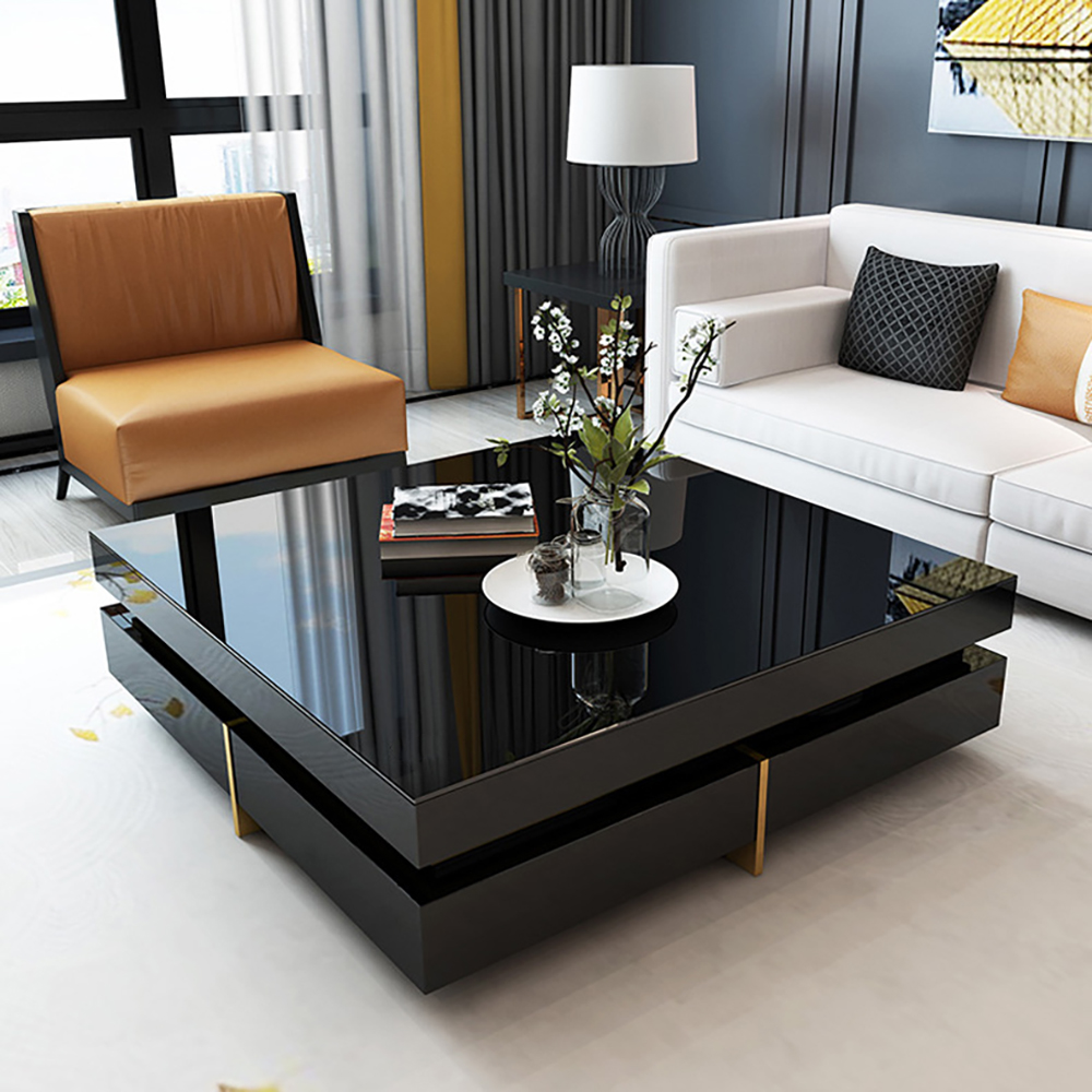 Black Modern Square Coffee Table with Drawers Tempered Glass Top & Metal Legs