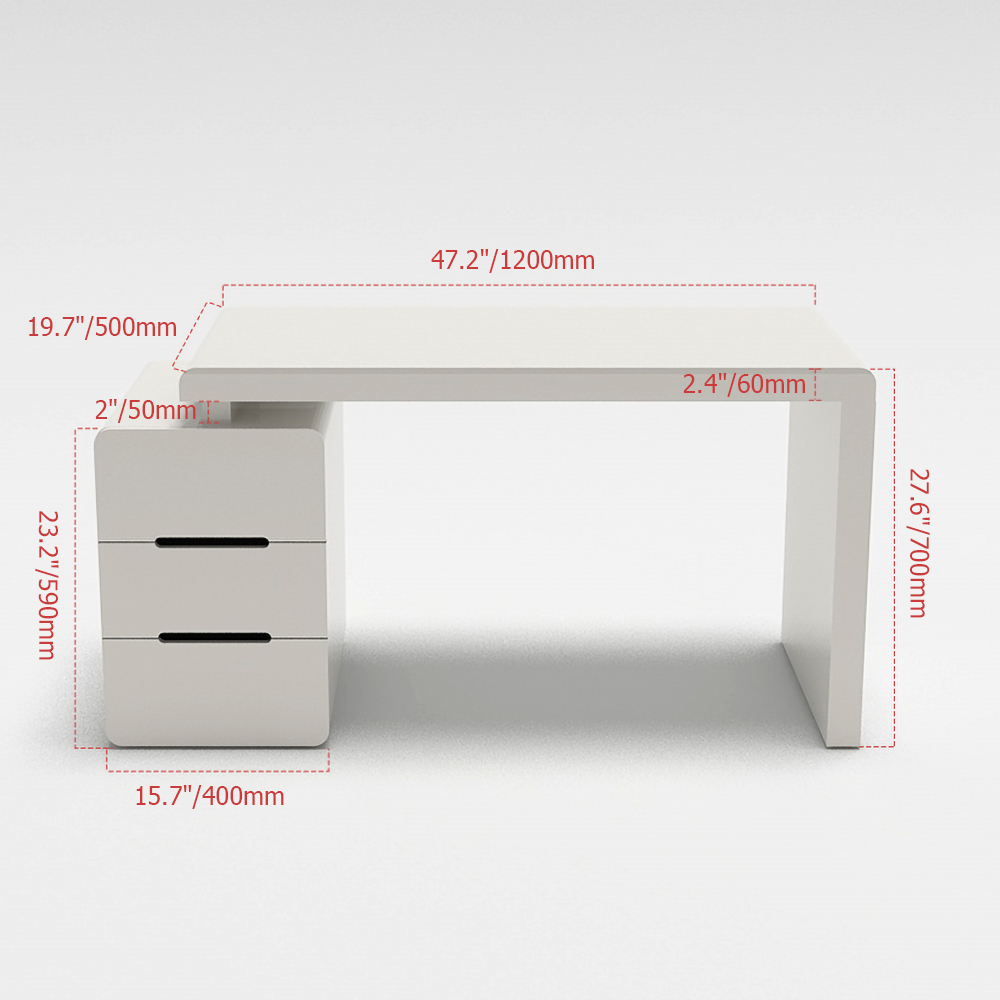 1200mm White 3-Drawer Writing Desk with Storage Cabinet for Office