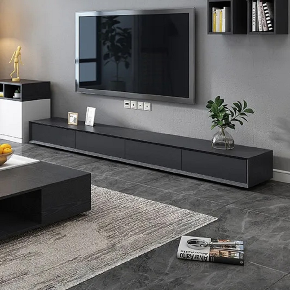 Modern 94 Inch Black TV Stand Rectangle Media Stand Wood TV Console with 4 Drawers