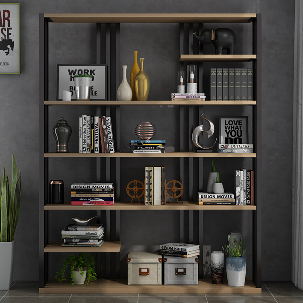 

78" Modern Steel Etagere Bookcase Display Tiered Shelving in Natural & Black