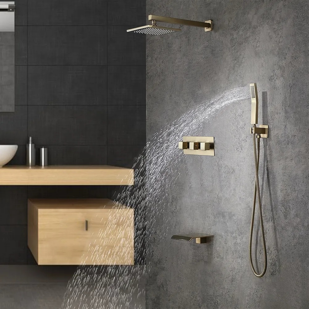 Wall-Mounted 250mm Shower Set in Brushed Gold Rainfall 3 Function Solid Brass