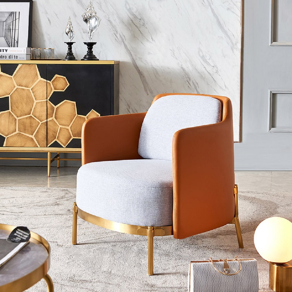 Orange & Grey Modern Accent Chair with Linen Upholstery for Living Room