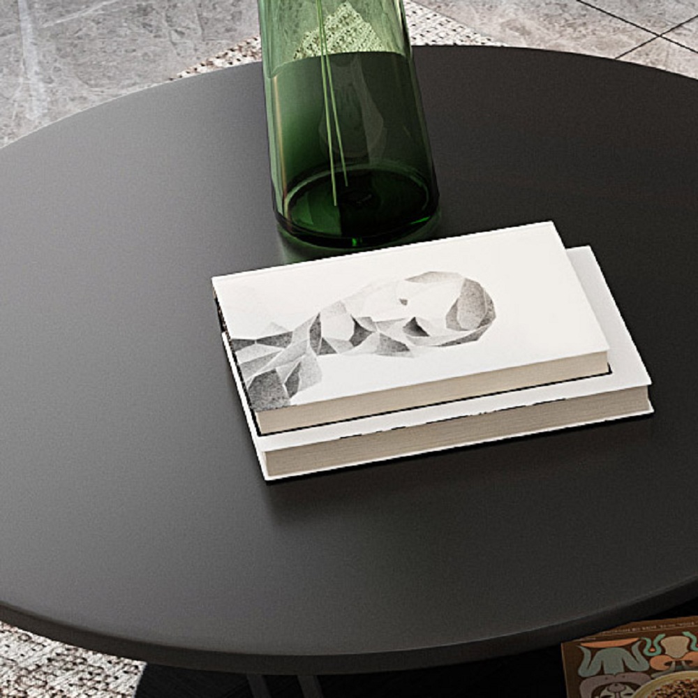 Moderna mesa de centro redonda con cajones de madera, color blanco y negro