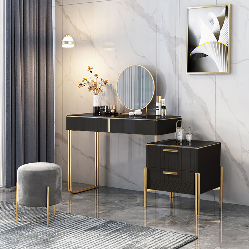 Aro Modern Makeup Vanity with Flip Top Mirror & Side Cabinet Expandable Dressing Table with Drawers Stainless Steel in Black