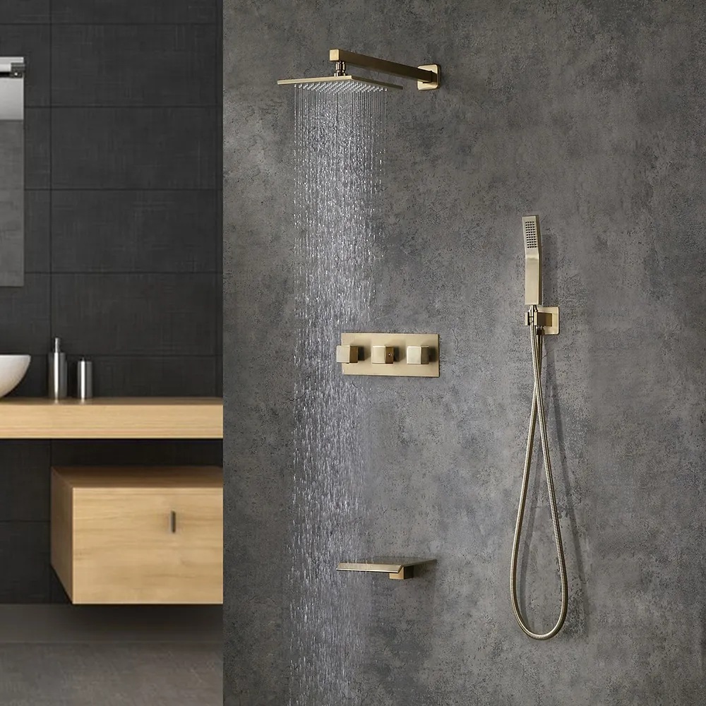 Wall-Mounted 250mm Shower Set in Brushed Gold Rainfall 3 Function Solid Brass