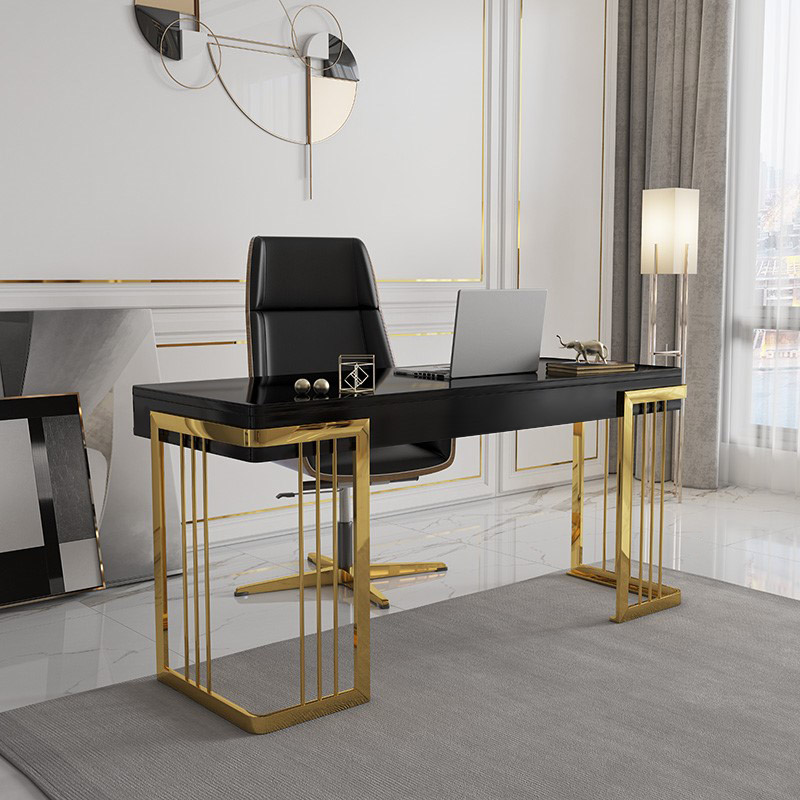 Image of 47" Glossy Black Wooden Writing Office Computer Desk with Drawer Modern Gold Base
